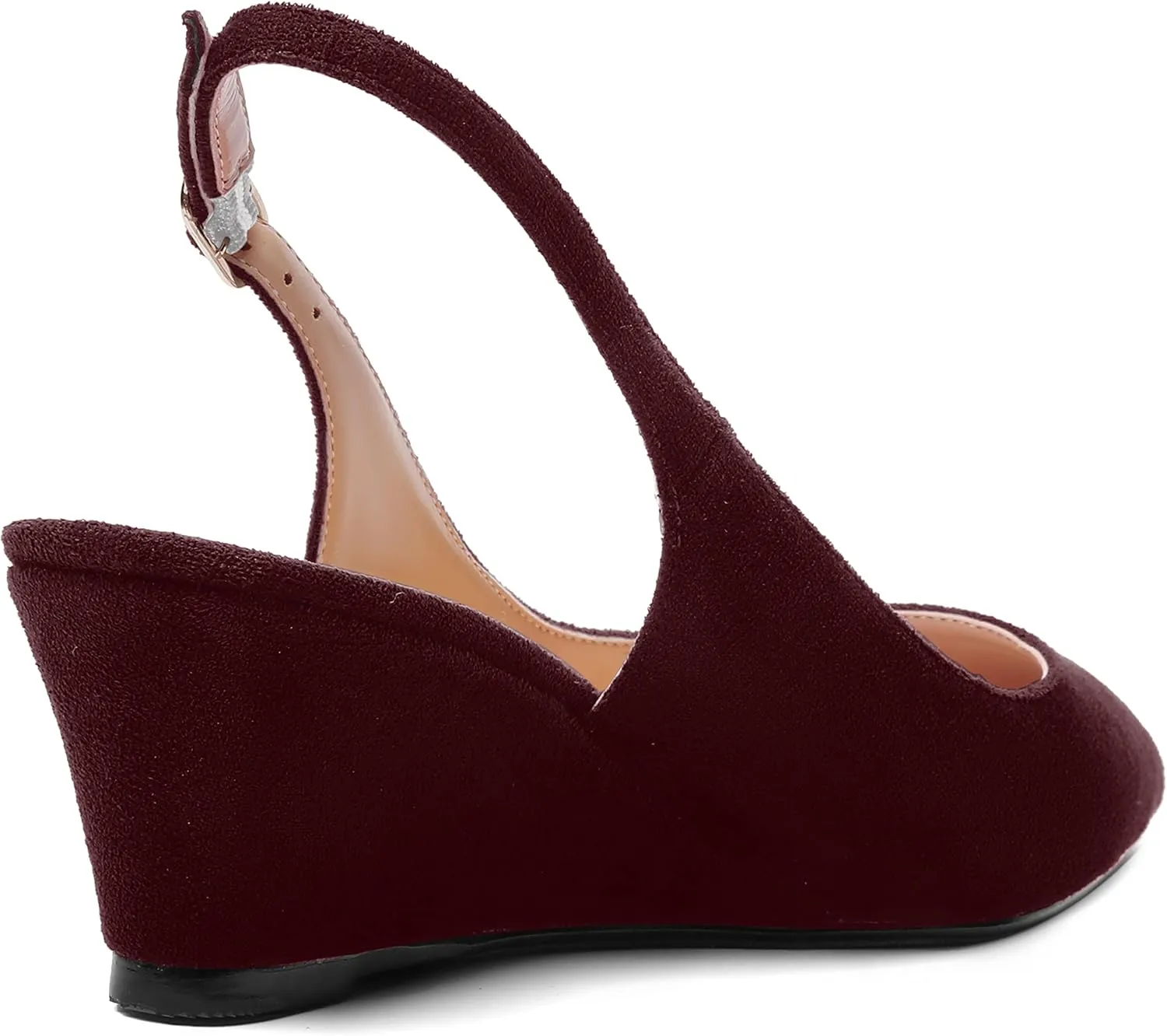 SHOWFOREST Womens Solid Adjustable Strap Suede Dress Buckle Dating Pointed Toe Wedge Low Heel Pumps Shoes 2 Inch