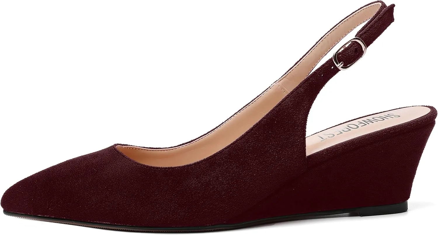 SHOWFOREST Womens Solid Adjustable Strap Suede Dress Buckle Dating Pointed Toe Wedge Low Heel Pumps Shoes 2 Inch