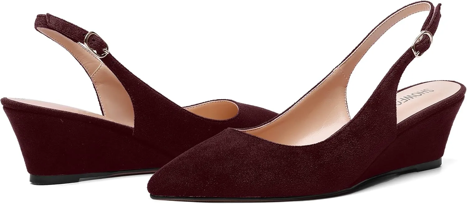 SHOWFOREST Womens Solid Adjustable Strap Suede Dress Buckle Dating Pointed Toe Wedge Low Heel Pumps Shoes 2 Inch