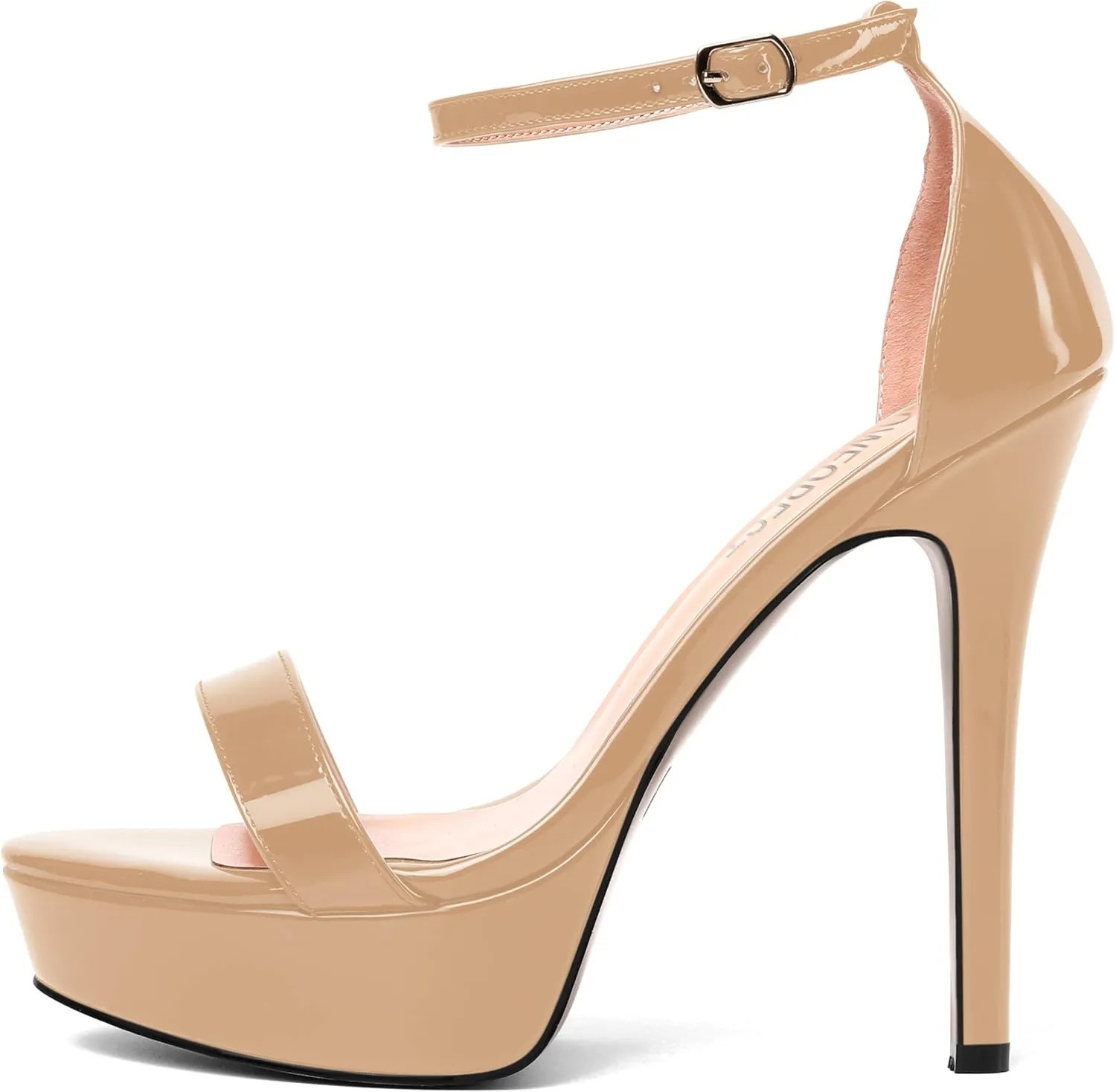 SHOWFOREST Womens Solid Buckle Platform Sexy Ankle Strap Night Club Patent Open Toe Stiletto High Heel Pumps Shoes 5 Inch