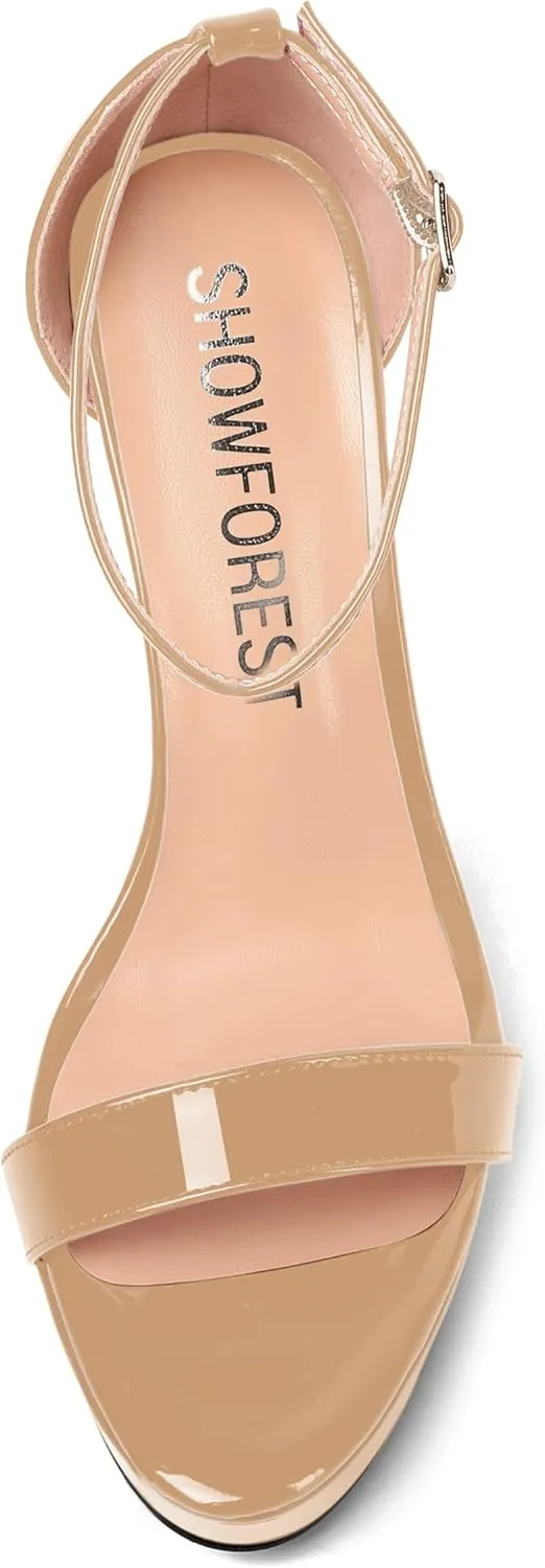 SHOWFOREST Womens Solid Buckle Platform Sexy Ankle Strap Night Club Patent Open Toe Stiletto High Heel Pumps Shoes 5 Inch