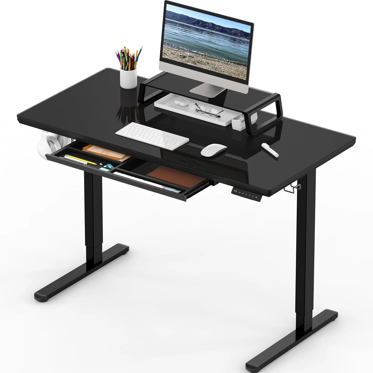 SHW 47-Inch Glass Electric Height Adjustable Desk with Monitor Riser and Drawer, Black