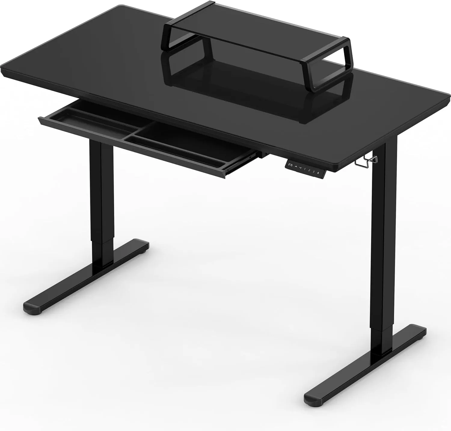 SHW 47-Inch Glass Electric Height Adjustable Desk with Monitor Riser and Drawer, Black