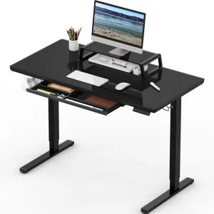 SHW 47-Inch Glass Electric Height Adjustable Desk with Monitor Riser and Drawer, Black