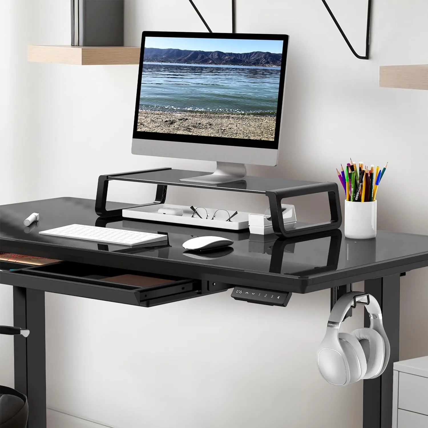 SHW 47-Inch Glass Electric Height Adjustable Desk with Monitor Riser and Drawer, Black