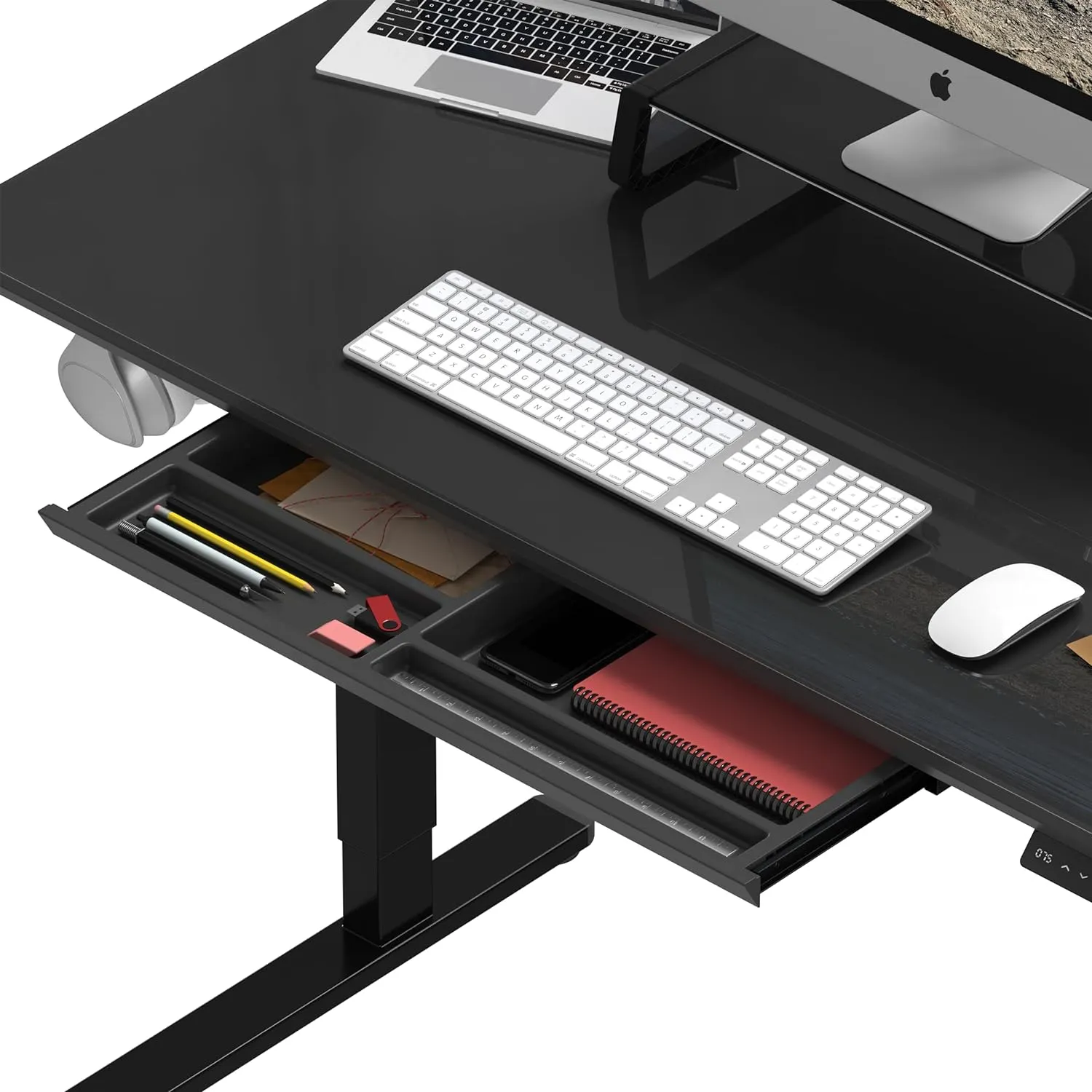 SHW 47-Inch Glass Electric Height Adjustable Desk with Monitor Riser and Drawer, Black