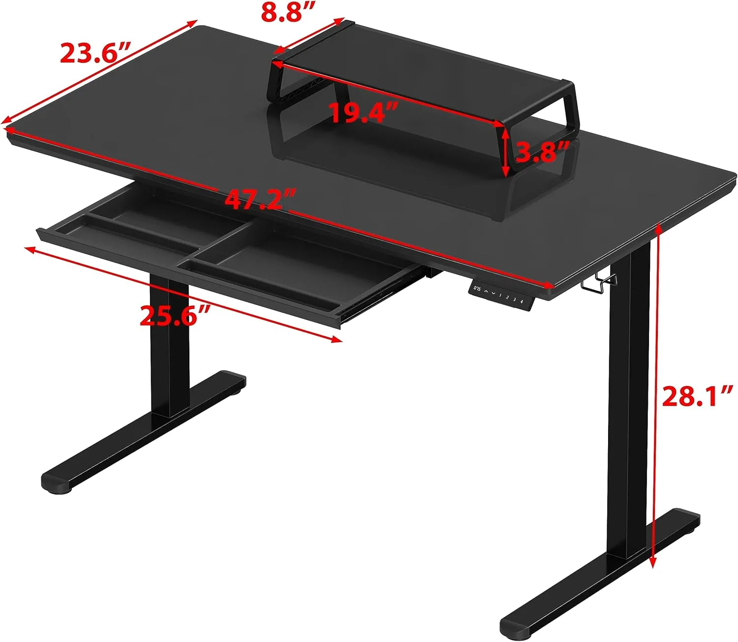 SHW 47-Inch Glass Electric Height Adjustable Desk with Monitor Riser and Drawer, Black