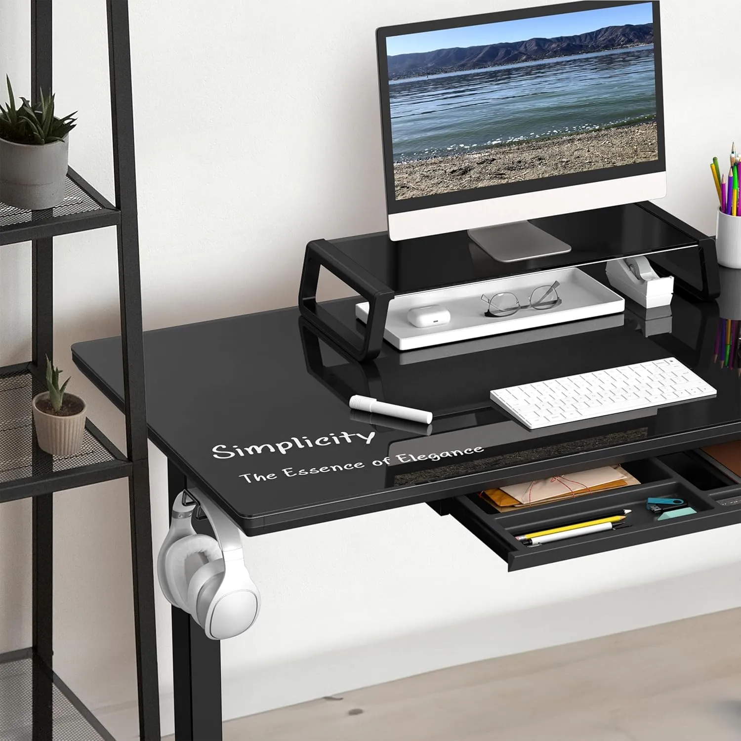 SHW 47-Inch Glass Electric Height Adjustable Desk with Monitor Riser and Drawer, Black