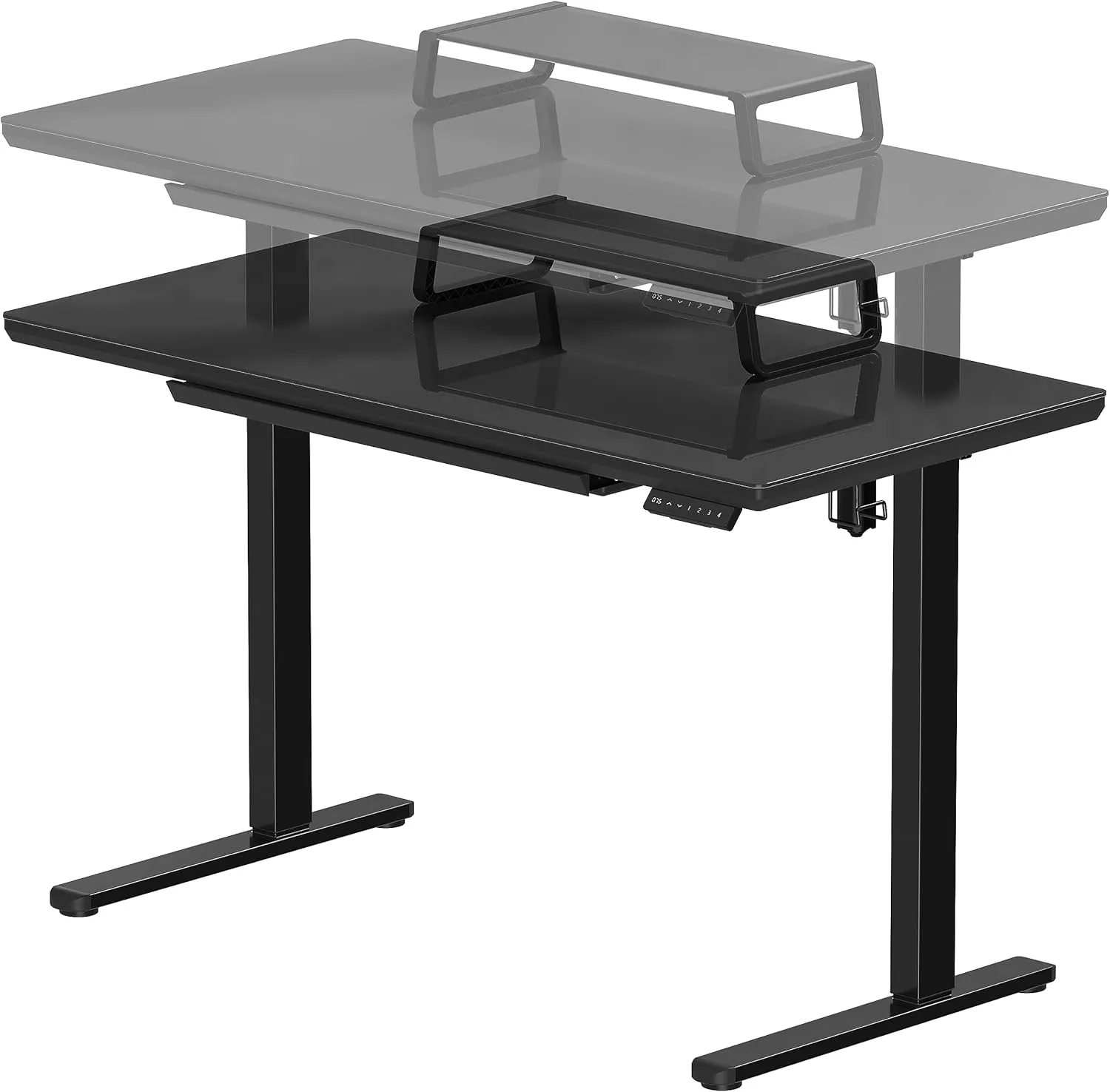 SHW 47-Inch Glass Electric Height Adjustable Desk with Monitor Riser and Drawer, Black