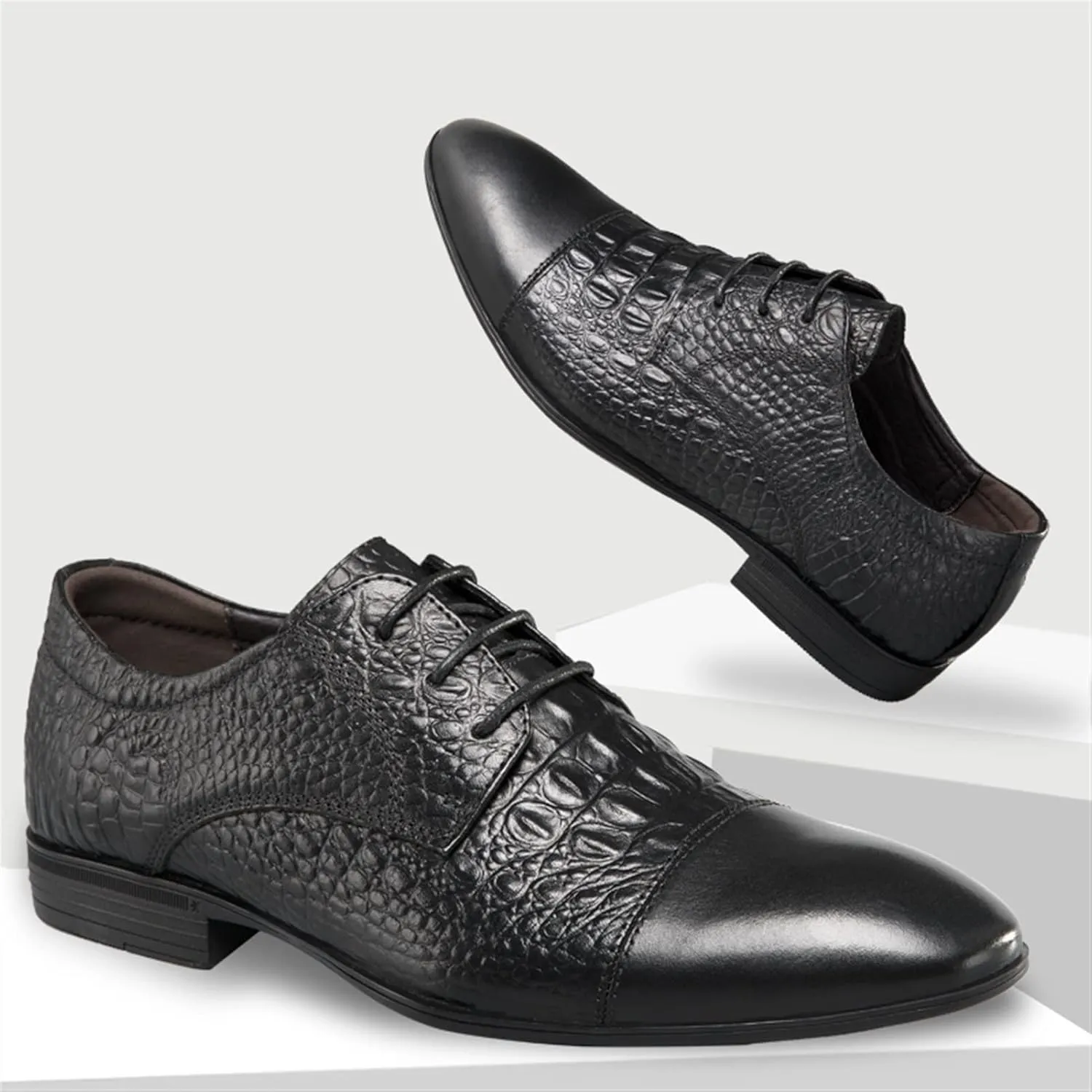 Single Season Formal Dress Shoes for Men Lace Up Cap Toe Crocodile Embossed Derby Shoes Leather Non Slip Rubber Sole Anti-Slip Prom Very Popular Among Young People