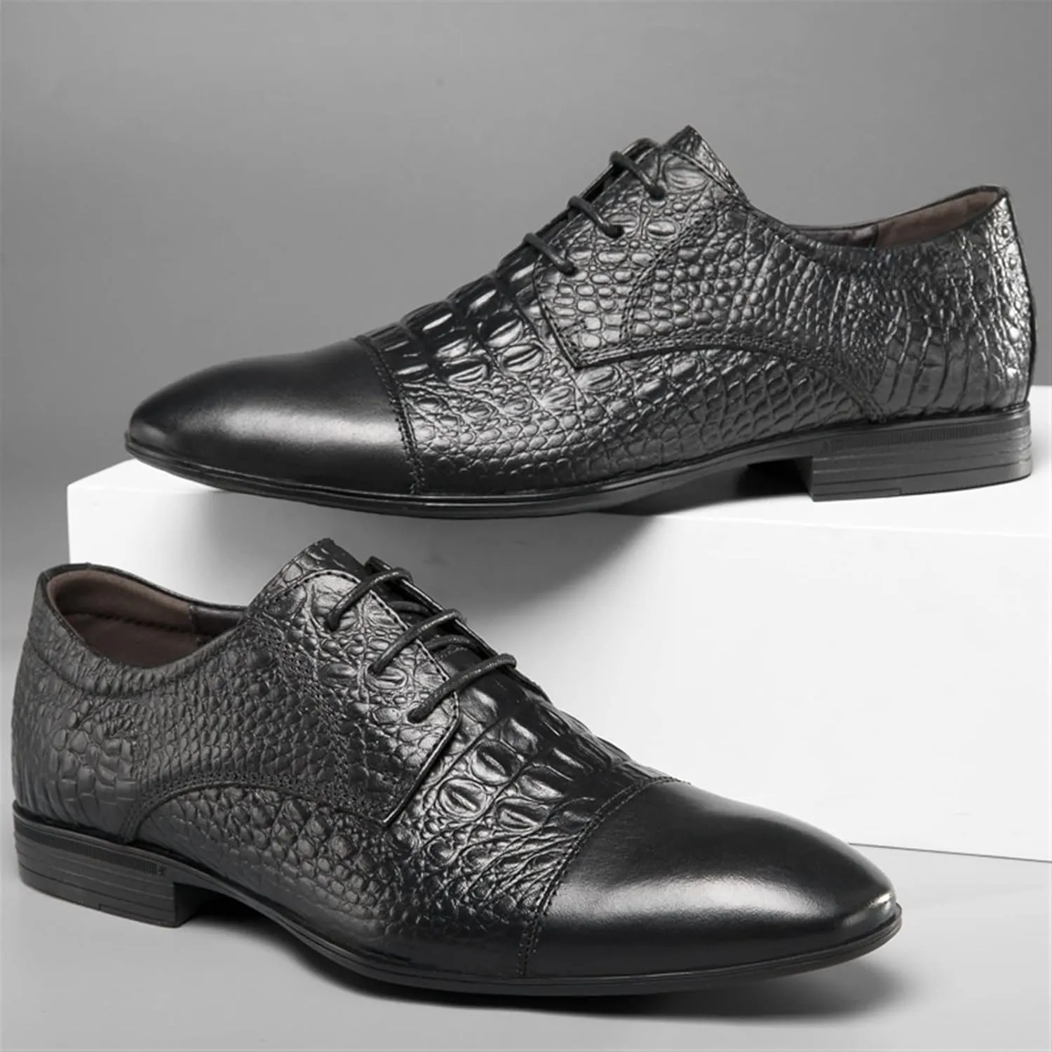 Single Season Formal Dress Shoes for Men Lace Up Cap Toe Crocodile Embossed Derby Shoes Leather Non Slip Rubber Sole Anti-Slip Prom Very Popular Among Young People