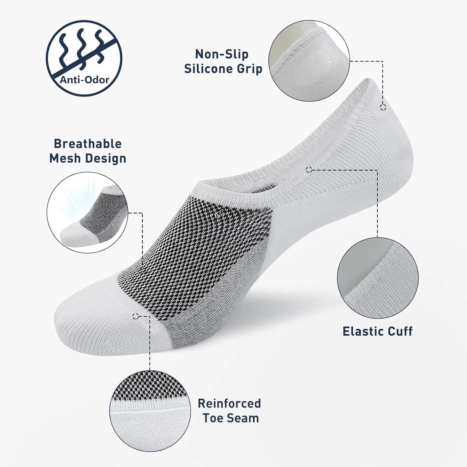 SIXDAYSOX No Show Socks Men 6/8 Pack Invisible Low Cut Non Slip Short Socks Size 5-11/10-13