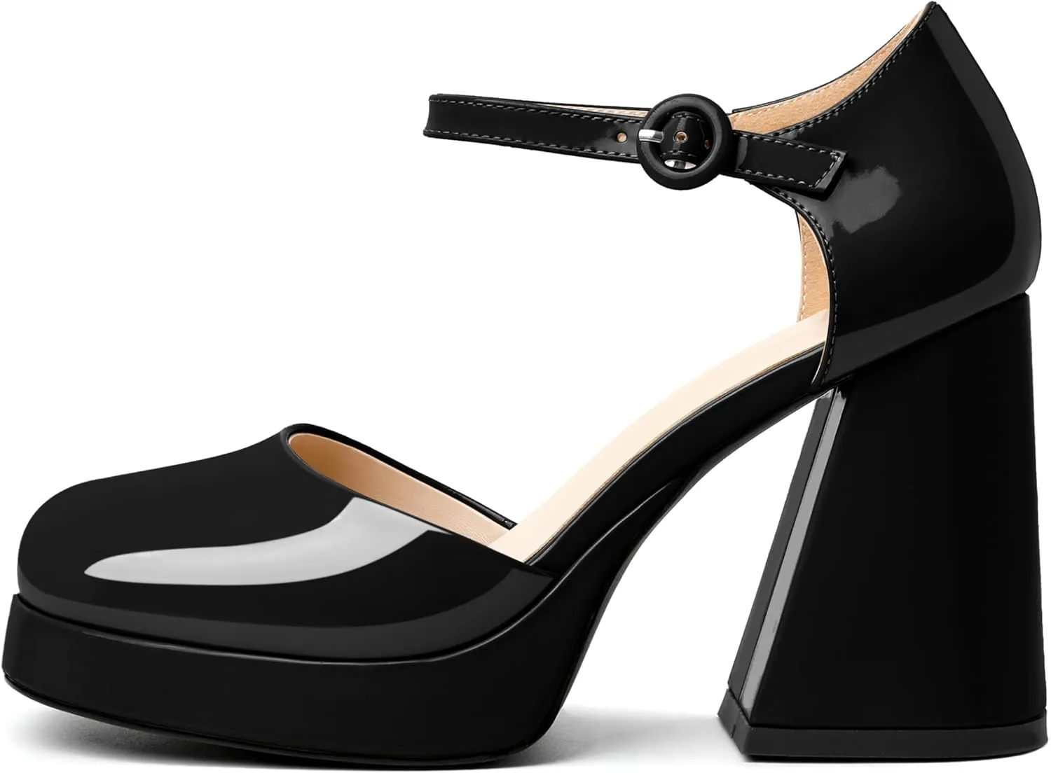 Soireelady Womens Chunky Platform Heels, Mary Jane Shoes Block Heel Pumps, High Heel Square Closed Toe Heels Ankle Strap Dress Shoes Comfort Fashion 4 Inches