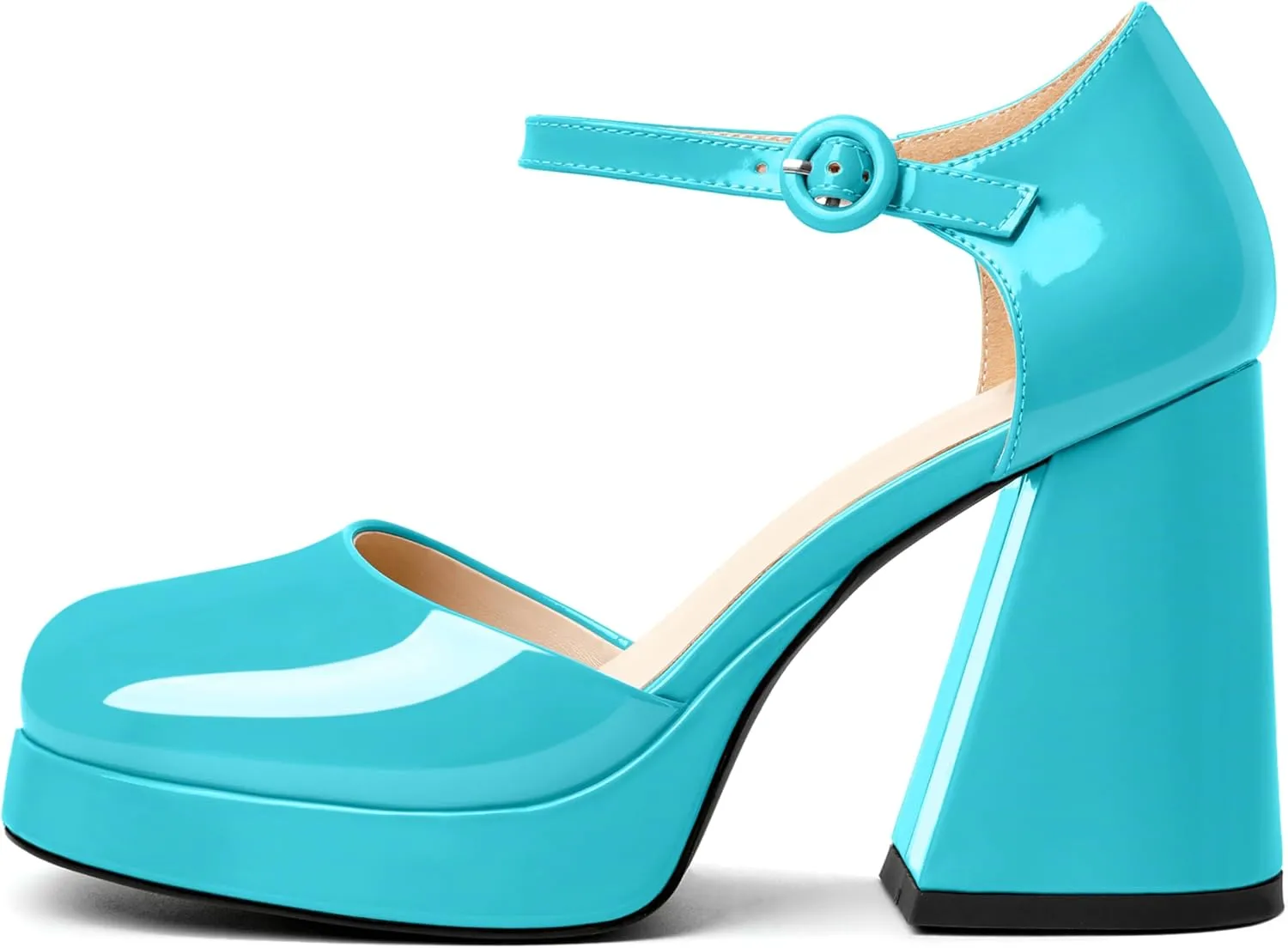 Soireelady Womens Chunky Platform Heels, Mary Jane Shoes Block Heel Pumps, High Heel Square Closed Toe Heels Ankle Strap Dress Shoes Comfort Fashion 4 Inches