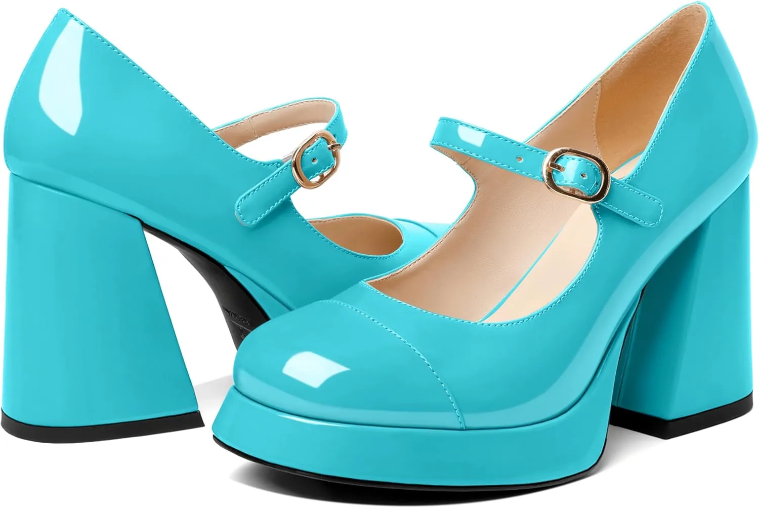 Soireelady Womens Chunky Platform Heels, Mary Jane Shoes Block Heel Pumps, High Heel Square Closed Toe Heels Ankle Strap Dress Shoes Comfort Fashion 4 Inches