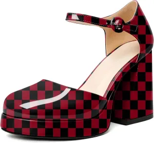Soireelady Womens Chunky Platform Heels, Mary Jane Shoes Block Heel Pumps, High Heel Square Closed Toe Heels Ankle Strap Dress Shoes Comfort Fashion 4 Inches