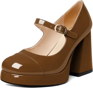 Soireelady Womens Chunky Platform Heels, Mary Jane Shoes Block Heel Pumps, High Heel Square Closed Toe Heels Ankle Strap Dress Shoes Comfort Fashion 4 Inches