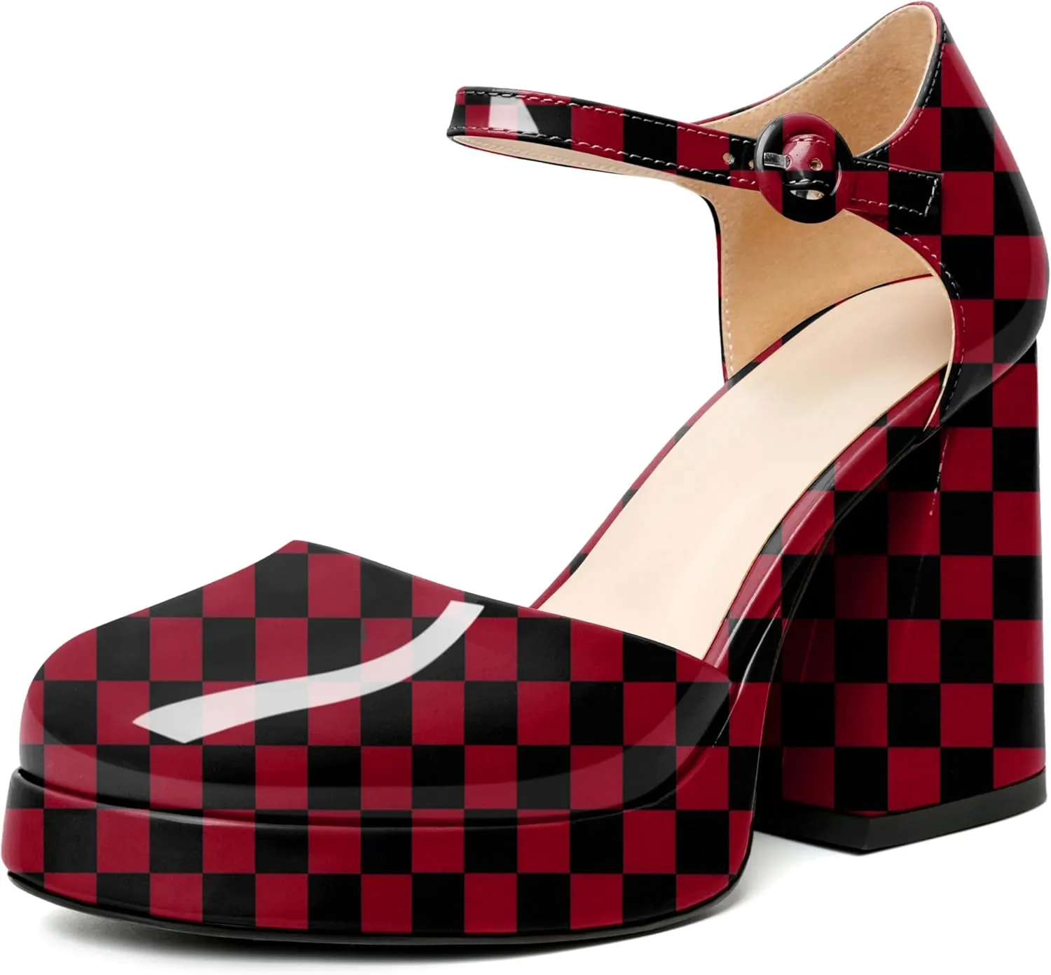 Soireelady Womens Chunky Platform Heels, Mary Jane Shoes Block Heel Pumps, High Heel Square Closed Toe Heels Ankle Strap Dress Shoes Comfort Fashion 4 Inches