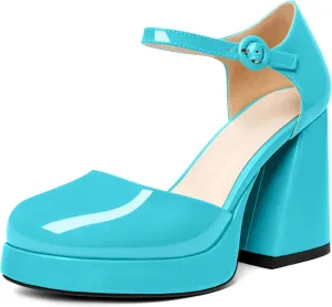 Soireelady Womens Chunky Platform Heels, Mary Jane Shoes Block Heel Pumps, High Heel Square Closed Toe Heels Ankle Strap Dress Shoes Comfort Fashion 4 Inches