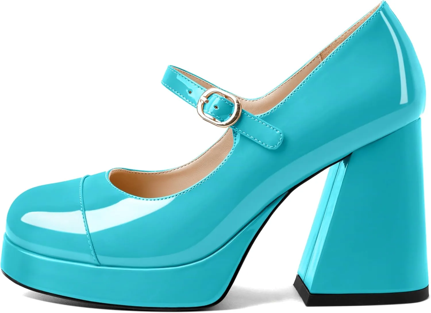 Soireelady Womens Chunky Platform Heels, Mary Jane Shoes Block Heel Pumps, High Heel Square Closed Toe Heels Ankle Strap Dress Shoes Comfort Fashion 4 Inches