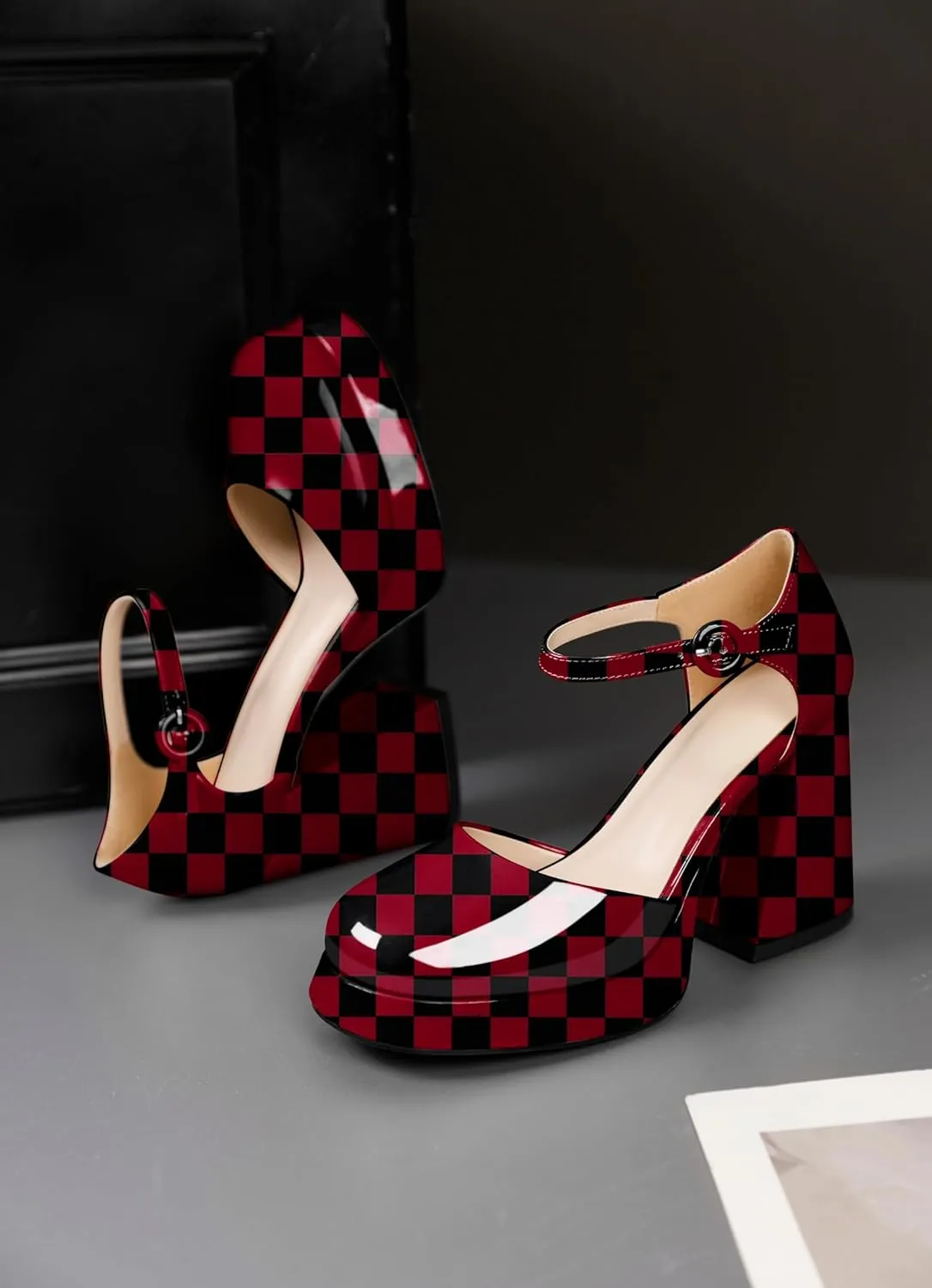 Soireelady Womens Chunky Platform Heels, Mary Jane Shoes Block Heel Pumps, High Heel Square Closed Toe Heels Ankle Strap Dress Shoes Comfort Fashion 4 Inches