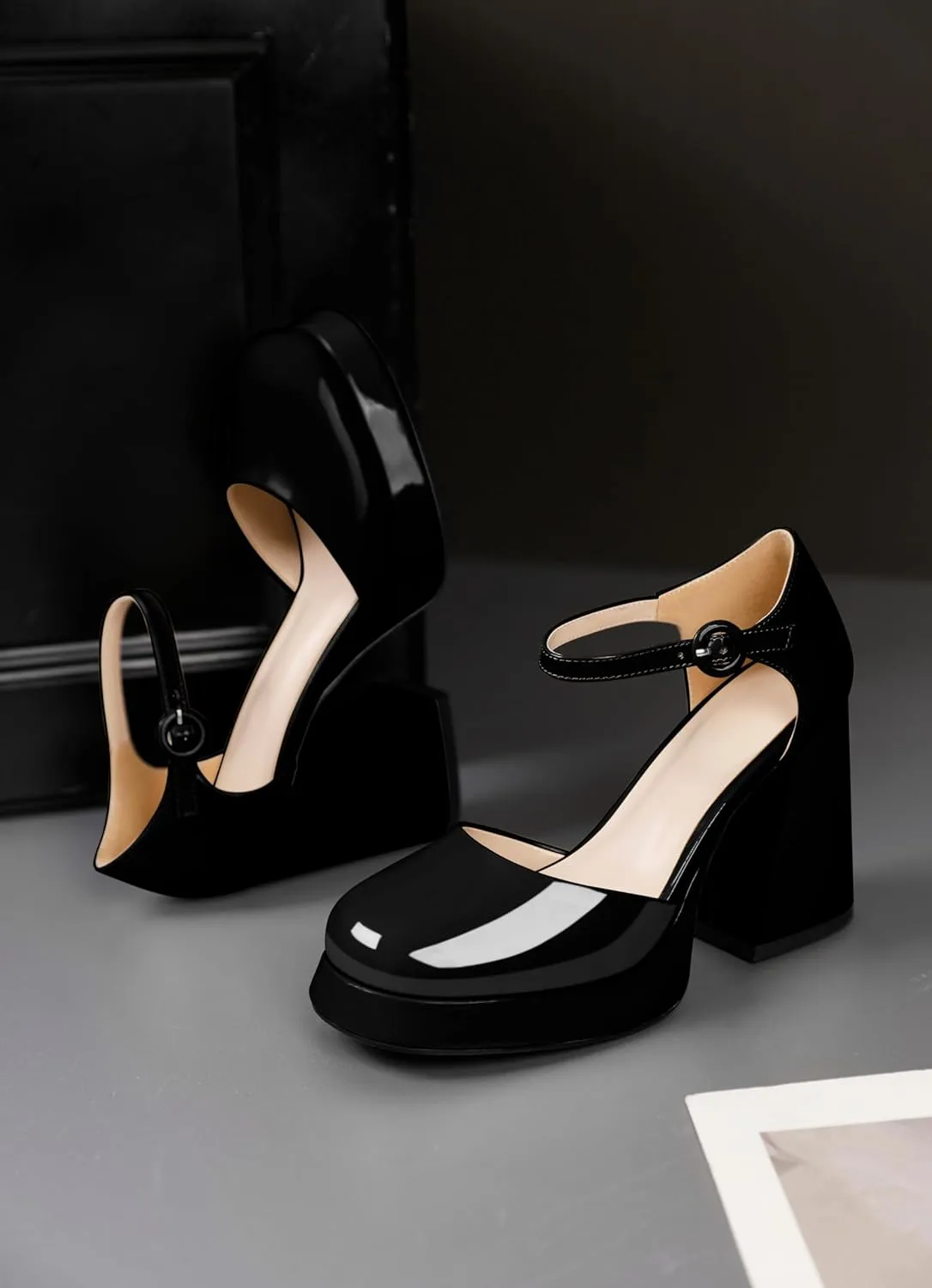 Soireelady Womens Chunky Platform Heels, Mary Jane Shoes Block Heel Pumps, High Heel Square Closed Toe Heels Ankle Strap Dress Shoes Comfort Fashion 4 Inches