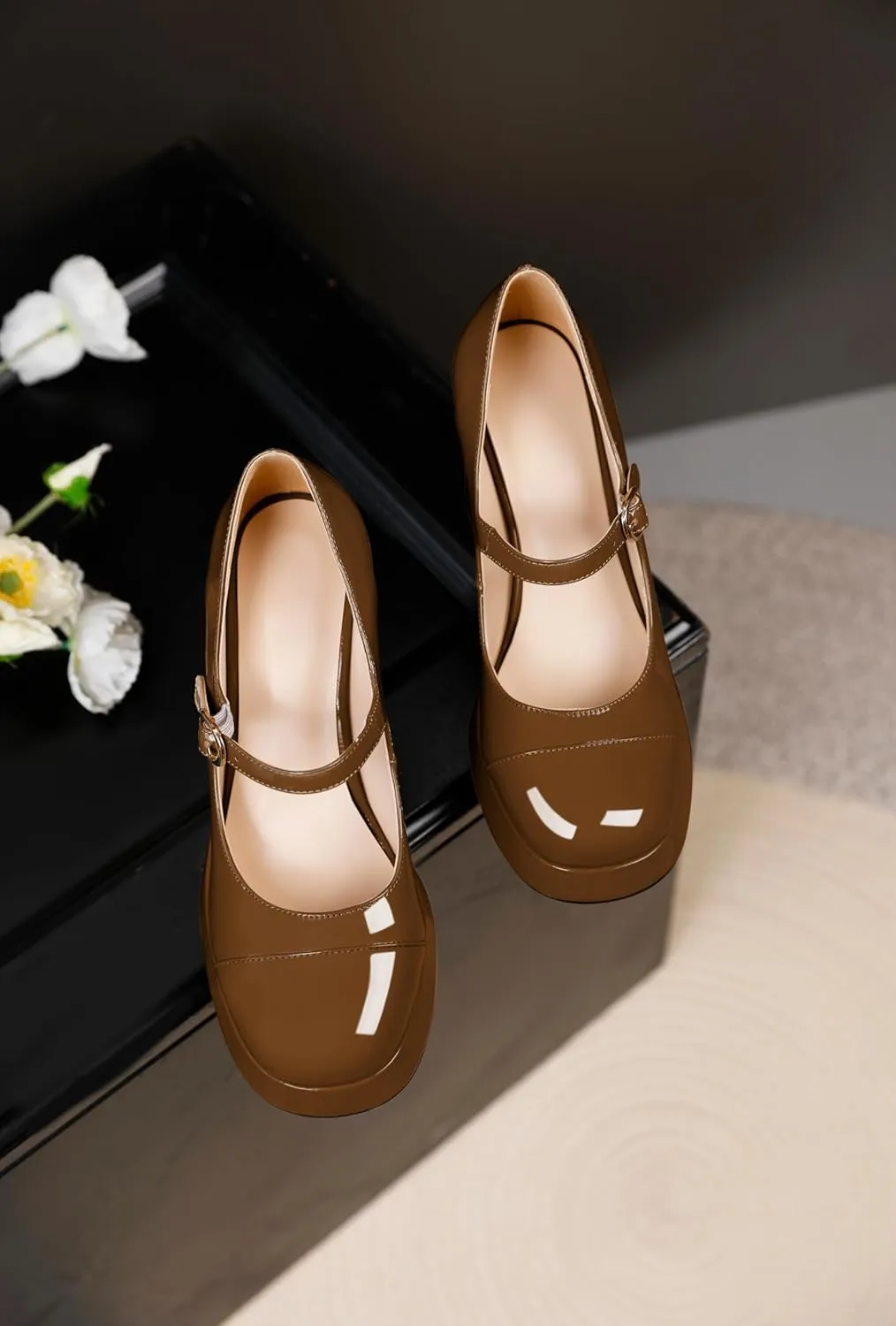 Soireelady Womens Chunky Platform Heels, Mary Jane Shoes Block Heel Pumps, High Heel Square Closed Toe Heels Ankle Strap Dress Shoes Comfort Fashion 4 Inches