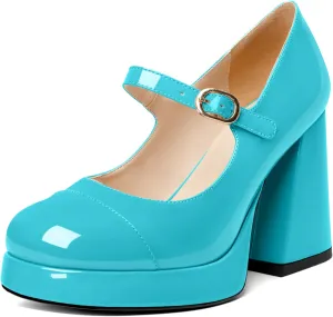 Soireelady Womens Chunky Platform Heels, Mary Jane Shoes Block Heel Pumps, High Heel Square Closed Toe Heels Ankle Strap Dress Shoes Comfort Fashion 4 Inches