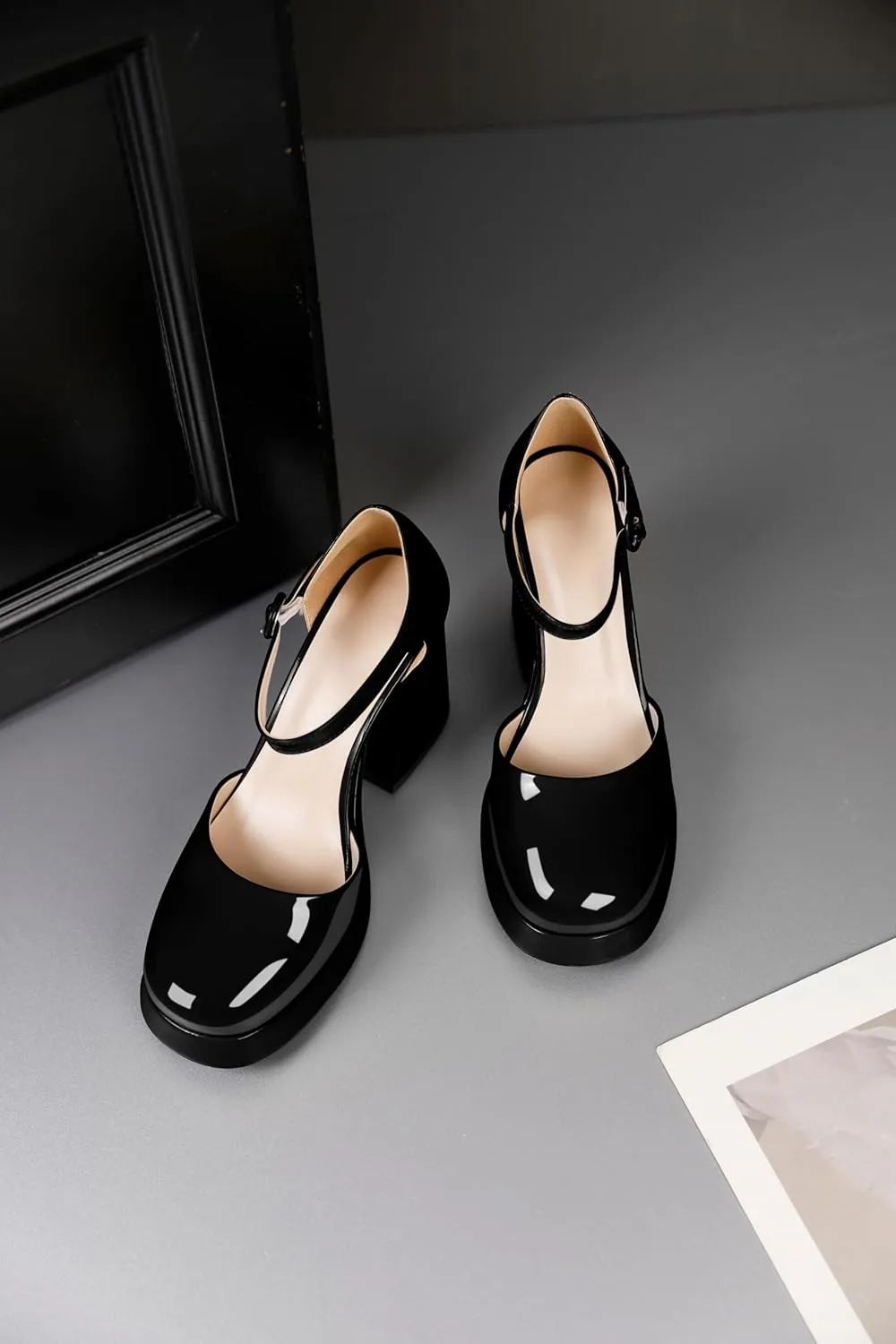 Soireelady Womens Chunky Platform Heels, Mary Jane Shoes Block Heel Pumps, High Heel Square Closed Toe Heels Ankle Strap Dress Shoes Comfort Fashion 4 Inches