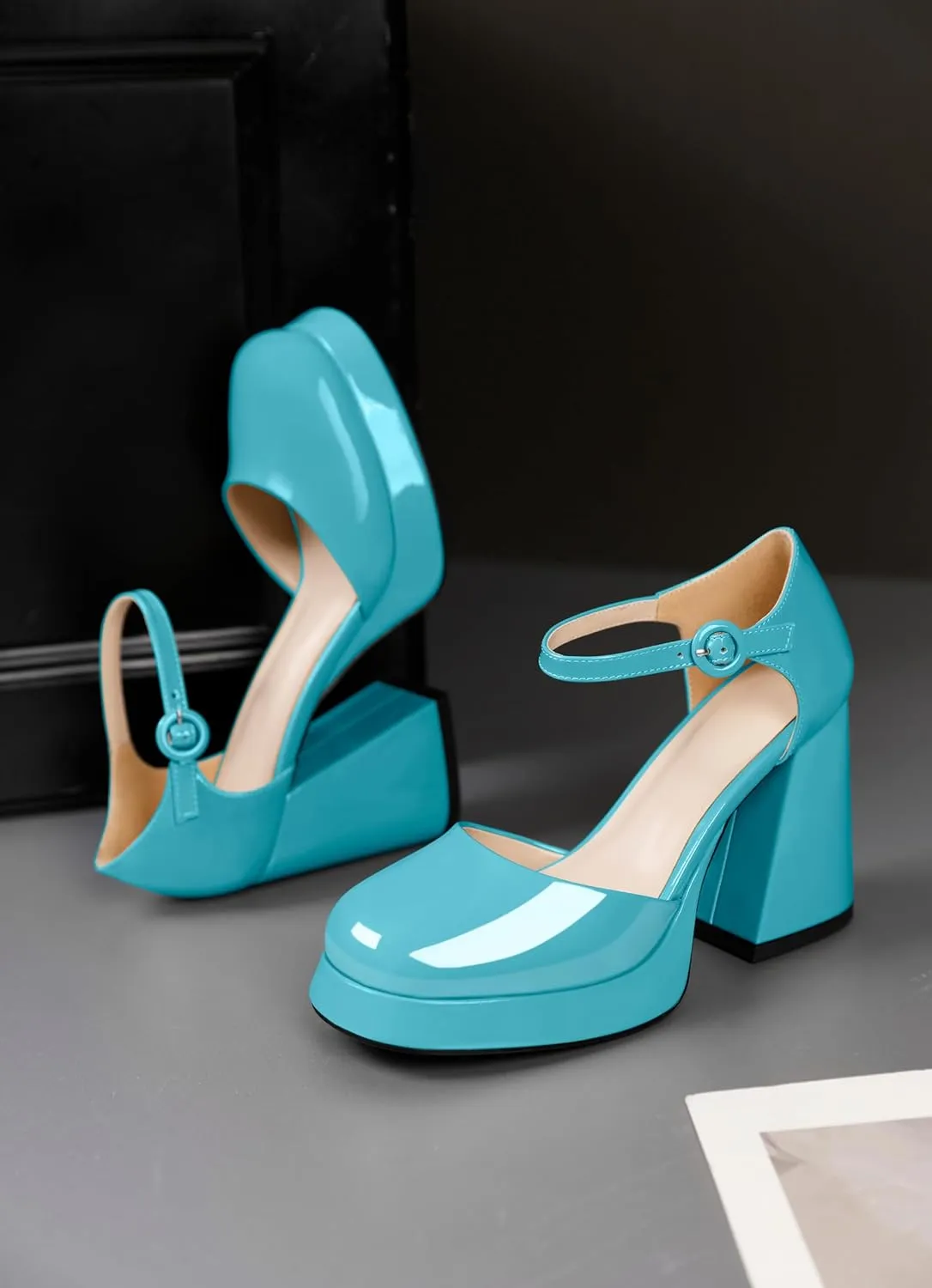 Soireelady Womens Chunky Platform Heels, Mary Jane Shoes Block Heel Pumps, High Heel Square Closed Toe Heels Ankle Strap Dress Shoes Comfort Fashion 4 Inches