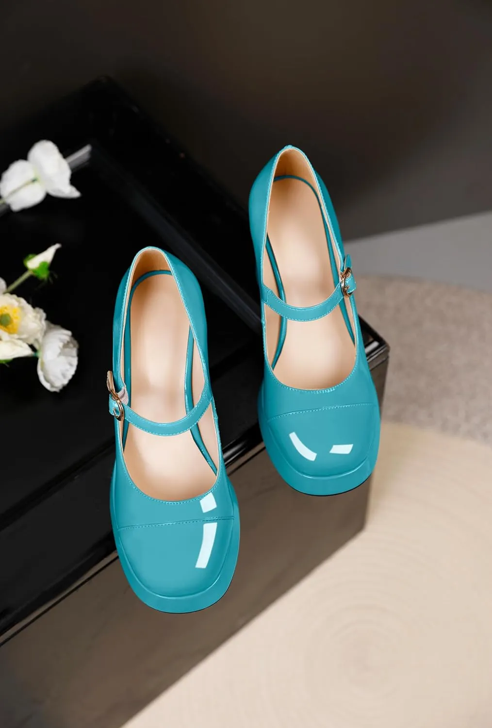Soireelady Womens Chunky Platform Heels, Mary Jane Shoes Block Heel Pumps, High Heel Square Closed Toe Heels Ankle Strap Dress Shoes Comfort Fashion 4 Inches
