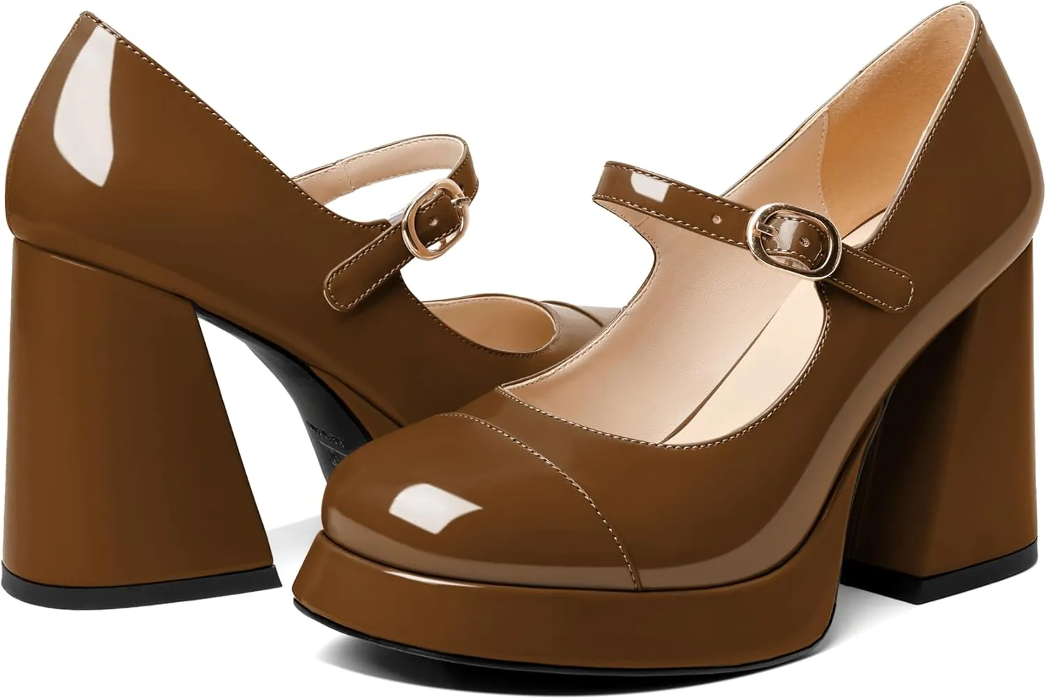 Soireelady Womens Chunky Platform Heels, Mary Jane Shoes Block Heel Pumps, High Heel Square Closed Toe Heels Ankle Strap Dress Shoes Comfort Fashion 4 Inches