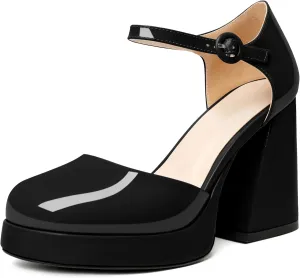 Soireelady Womens Chunky Platform Heels, Mary Jane Shoes Block Heel Pumps, High Heel Square Closed Toe Heels Ankle Strap Dress Shoes Comfort Fashion 4 Inches