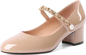 Soireelady Womens Mary Jane Shoes, Chunky Block Heel Pumps, Low Heel Round Closed Toe Heels Dress Shoes Comfort Fashion Wedding Patent 2 Inches