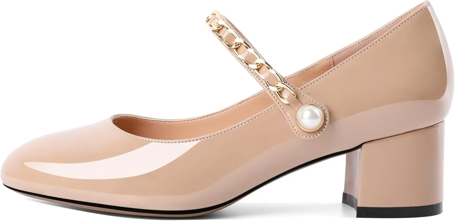 Soireelady Womens Mary Jane Shoes, Chunky Block Heel Pumps, Low Heel Round Closed Toe Heels Dress Shoes Comfort Fashion Wedding Patent 2 Inches