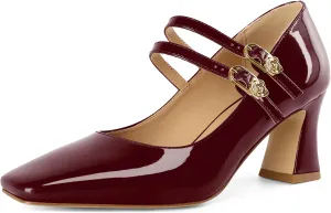 Soireelady Womens Mary Jane Shoes Chunky Block Heel Pumps Square Toe Low Heels Double Strap Buckle Comfort Dress Shoes 2.5 Inches