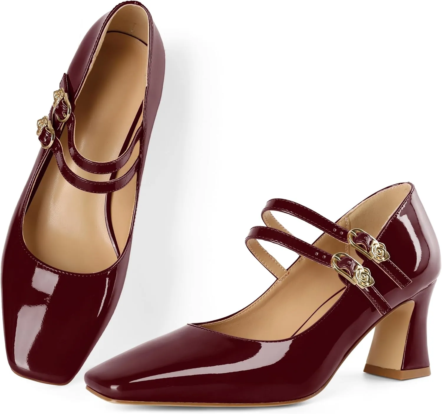 Soireelady Womens Mary Jane Shoes Chunky Block Heel Pumps Square Toe Low Heels Double Strap Buckle Comfort Dress Shoes 2.5 Inches