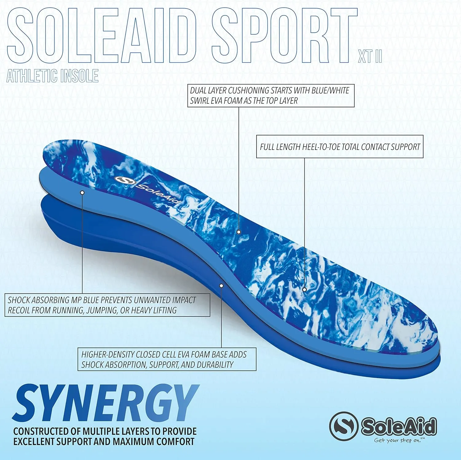 SoleAid Sport XTII, 3-Layer Athletic Insoles - Light Weight, Soft, High Rebound, Shock Absorbing, Anti-Friction, Accommodative Foot Support (Men 11-12 / Women 13-14)