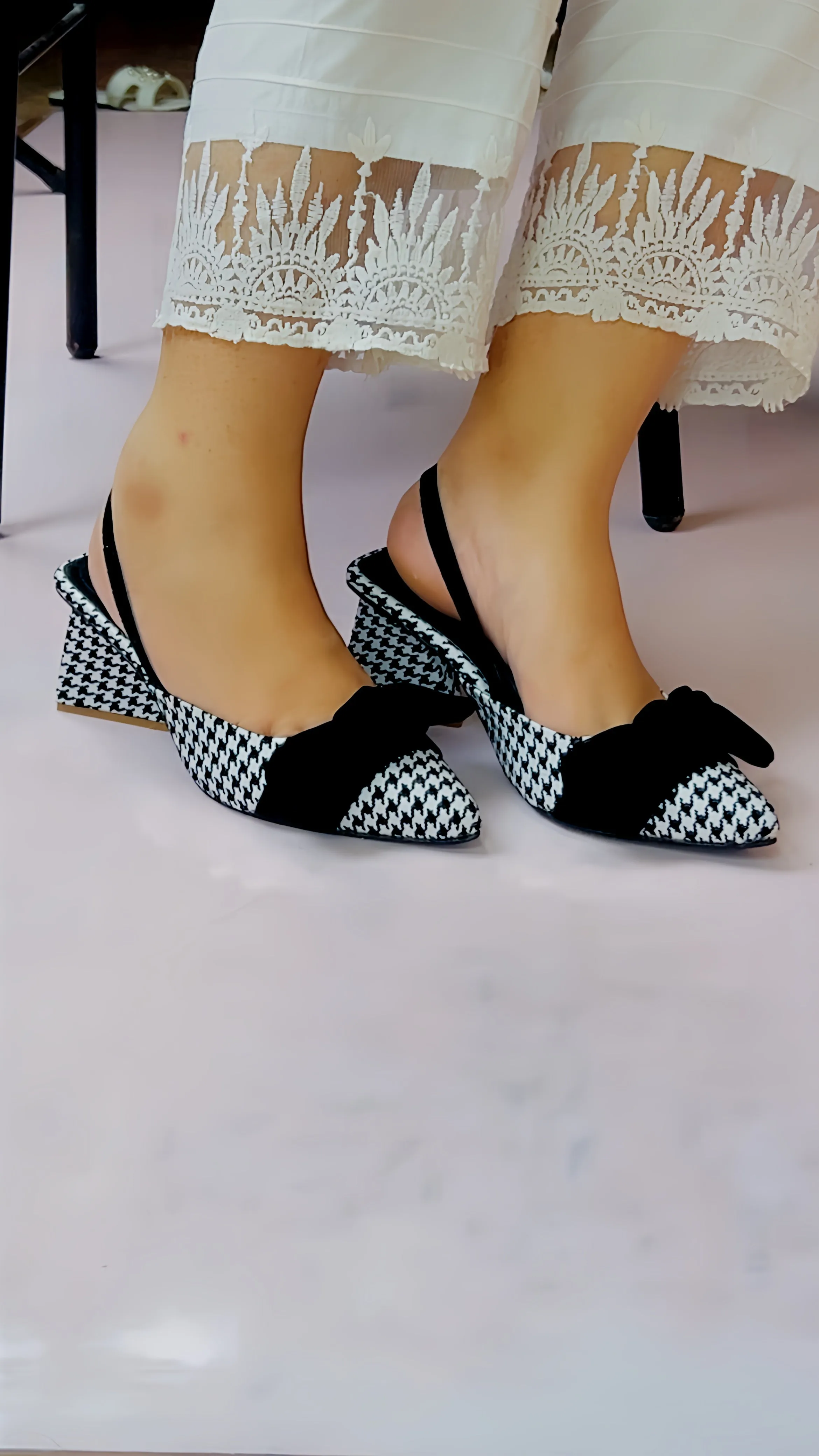 Spunkz Checkered Bow Knot Slingback Heels - 12004