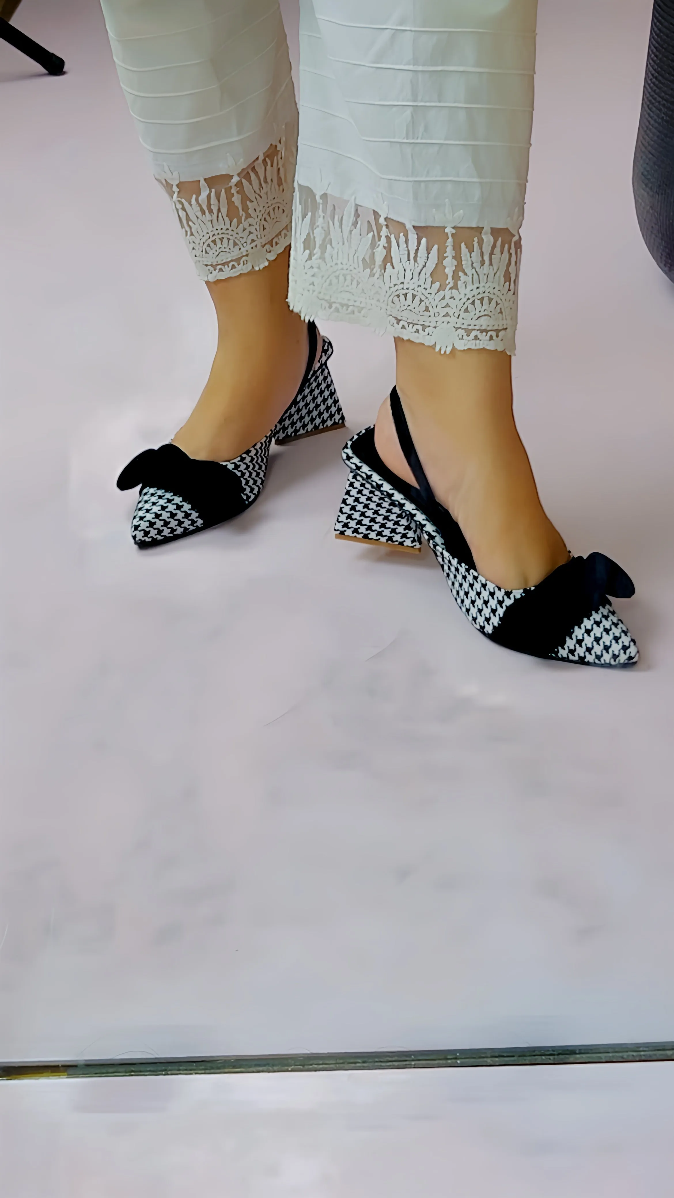 Spunkz Checkered Bow Knot Slingback Heels - 12004