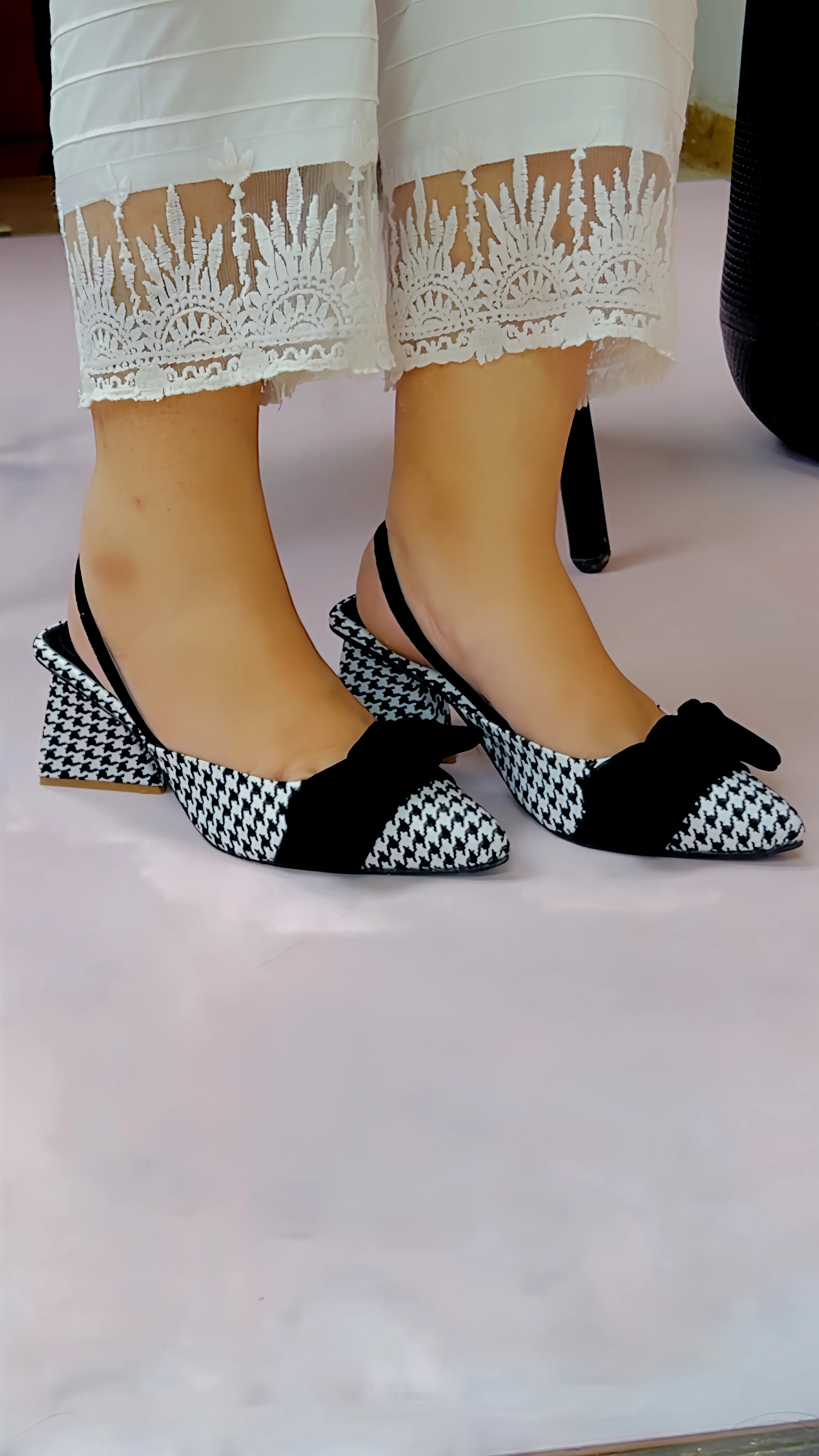 Spunkz Checkered Bow Knot Slingback Heels - 12004