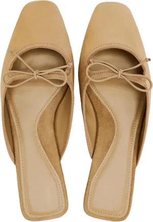 Sqaure Toe Mules for Women Slip On Bow Flats
