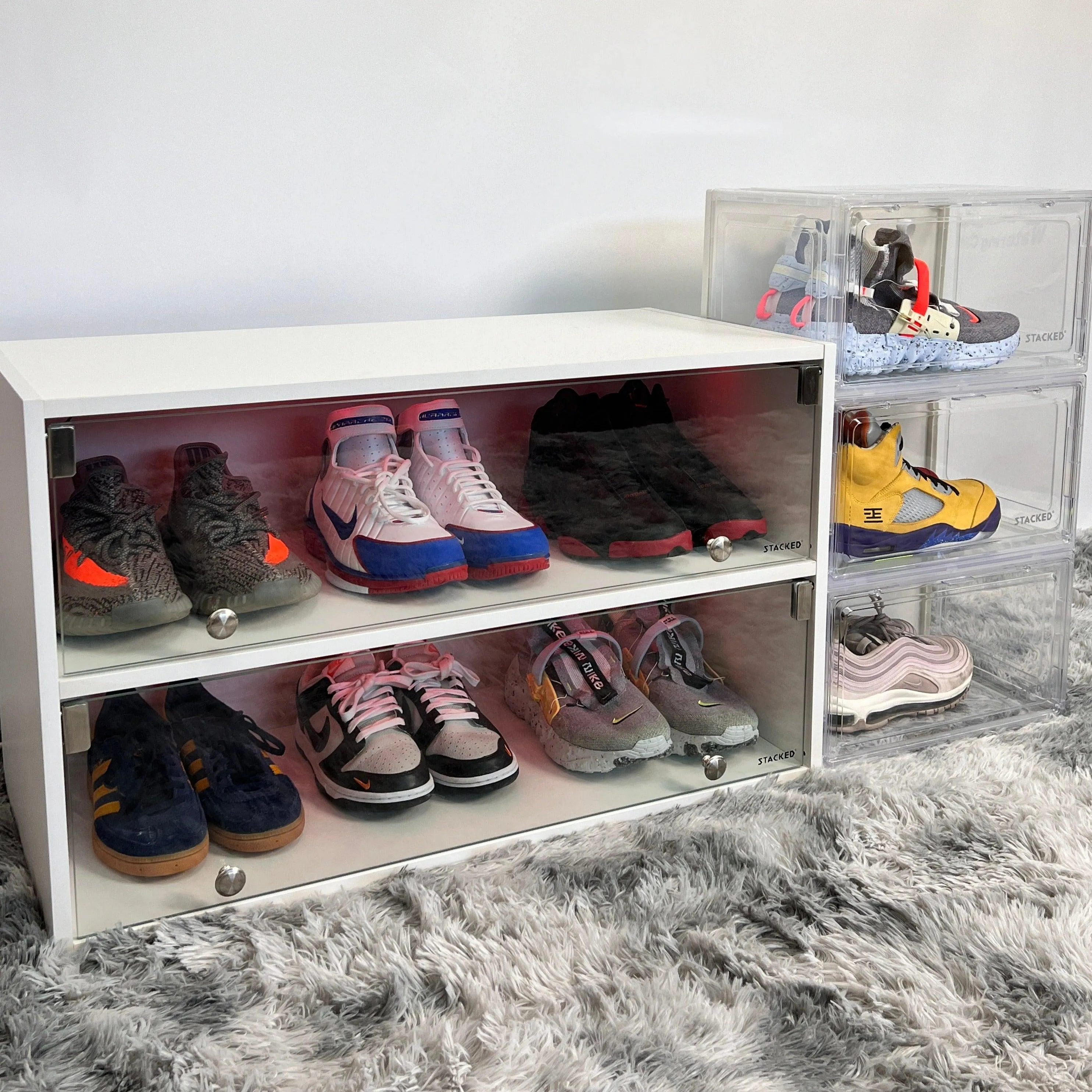 Stacked LED Shoe Storage Cabinet - White