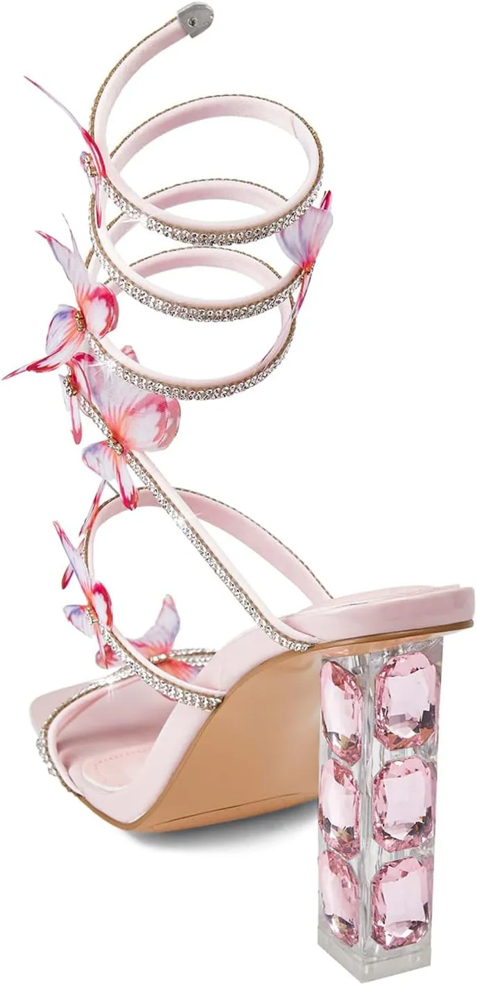 Strappy Heels for Women Rhinestone Crystal High Block Heeled Sandals Square Open Toe Sparkly Dress Prom Heels Shoes for Party Wedding