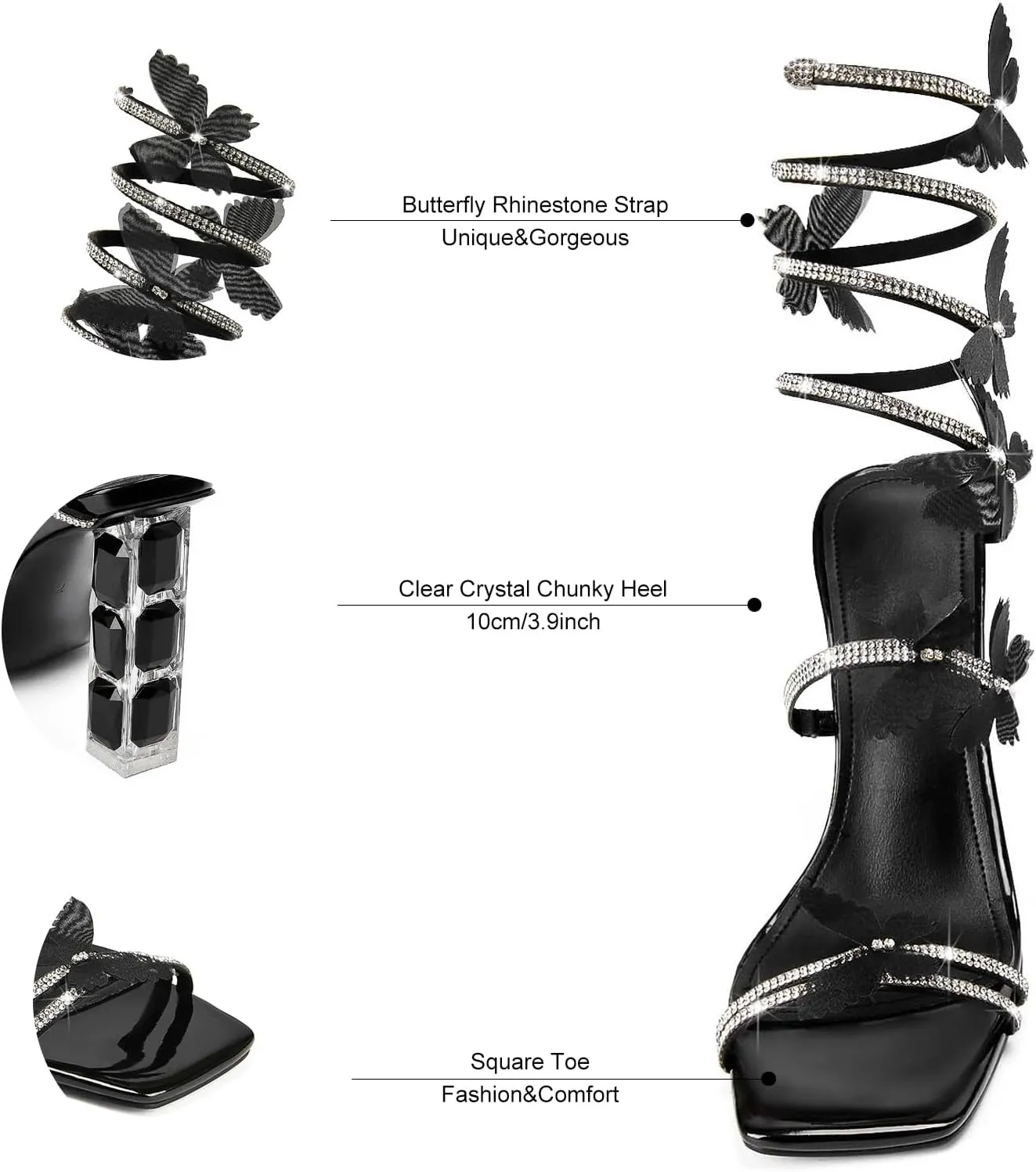 Strappy Heels for Women Rhinestone Crystal High Block Heeled Sandals Square Open Toe Sparkly Dress Prom Heels Shoes for Party Wedding