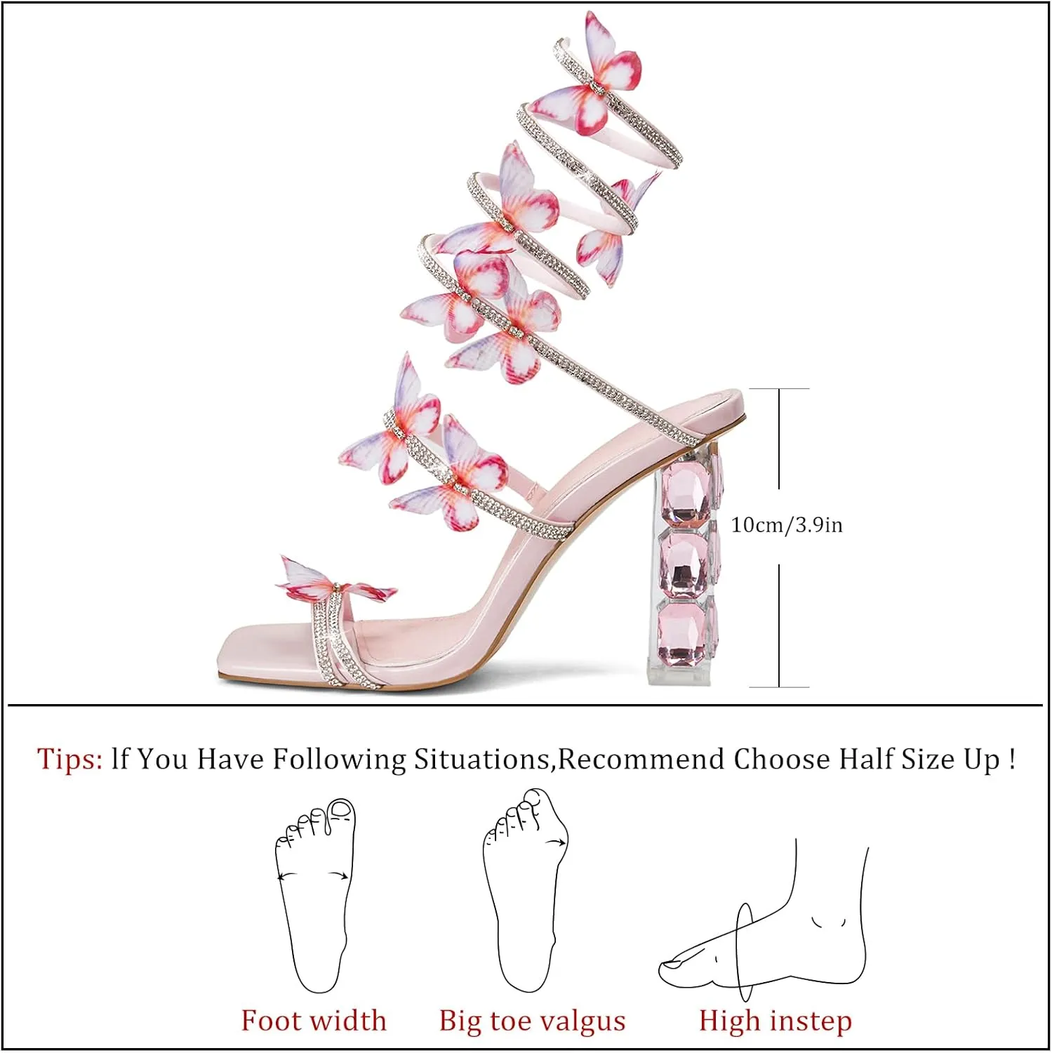 Strappy Heels for Women Rhinestone Crystal High Block Heeled Sandals Square Open Toe Sparkly Dress Prom Heels Shoes for Party Wedding