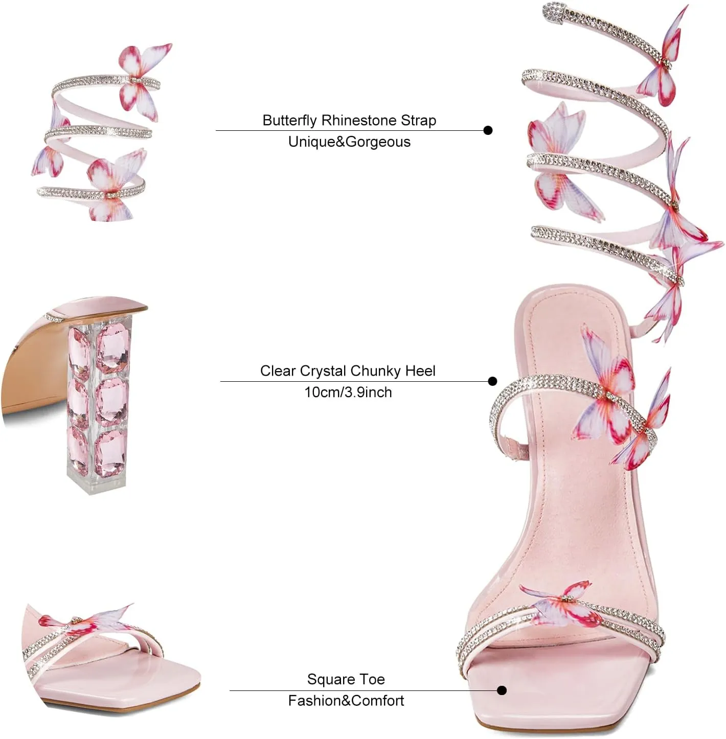 Strappy Heels for Women Rhinestone Crystal High Block Heeled Sandals Square Open Toe Sparkly Dress Prom Heels Shoes for Party Wedding