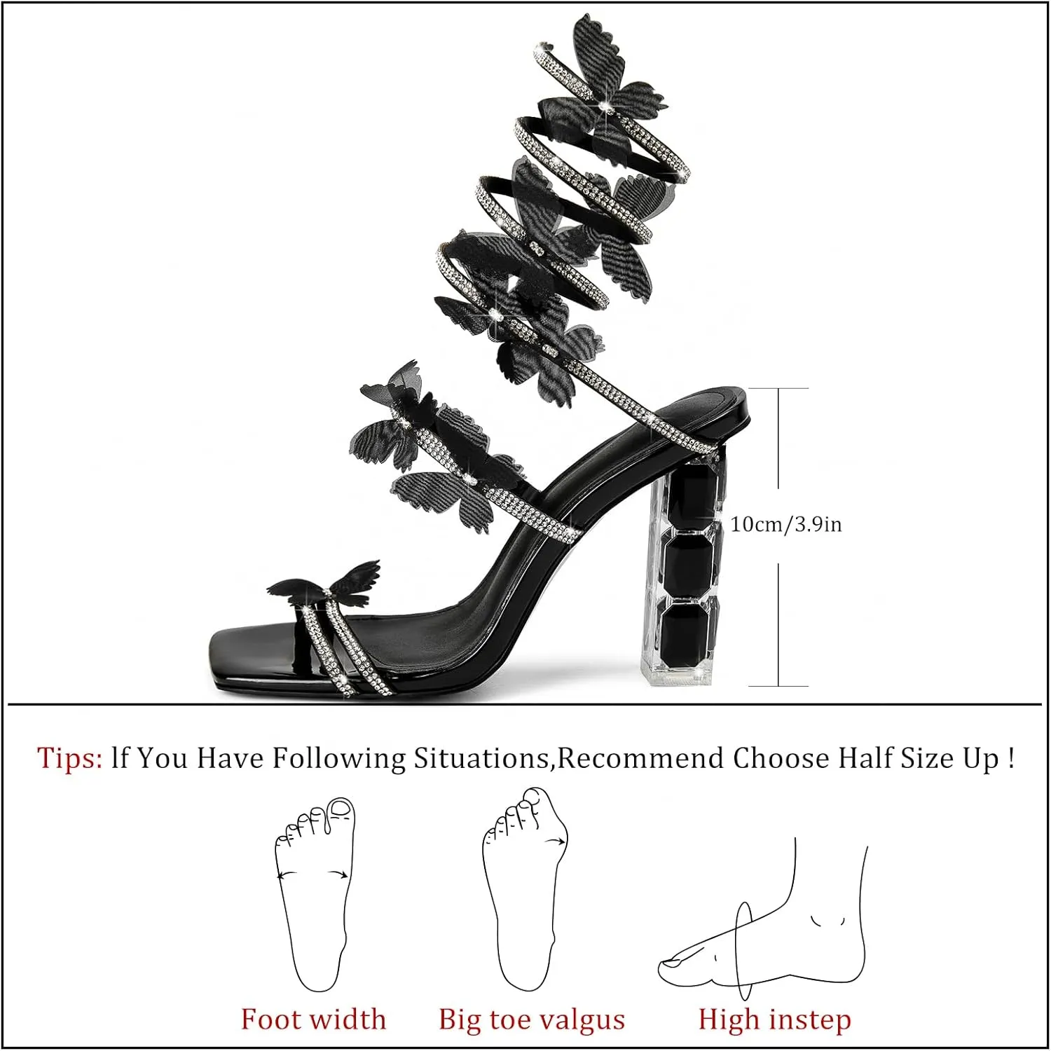 Strappy Heels for Women Rhinestone Crystal High Block Heeled Sandals Square Open Toe Sparkly Dress Prom Heels Shoes for Party Wedding