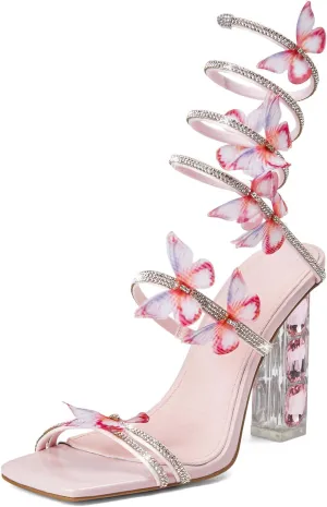 Strappy Heels for Women Rhinestone Crystal High Block Heeled Sandals Square Open Toe Sparkly Dress Prom Heels Shoes for Party Wedding