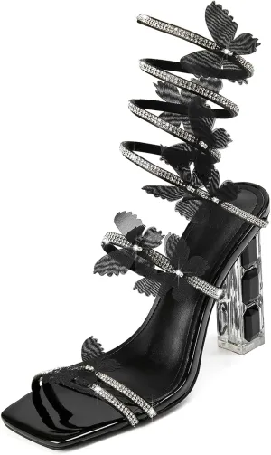 Strappy Heels for Women Rhinestone Crystal High Block Heeled Sandals Square Open Toe Sparkly Dress Prom Heels Shoes for Party Wedding